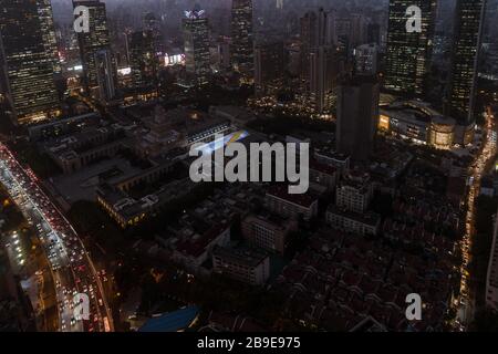 Shanghai, China - Oct 29, 2018: Aerial view of business area and cityscape in the dusk, West Nanjing Road, Jing` an district, Shanghai Stock Photo